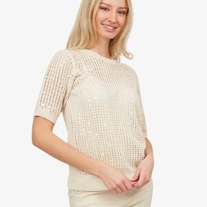 ASTRID (XS) Looking Glass Sequin Detailed Knit Top Sand Semi-Fitted Soft NWT